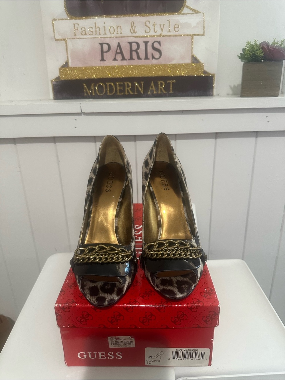GUESS Leopard-Print Chain-Trim Pointed-Toe Pumps - Brown & Black, dressy 9M